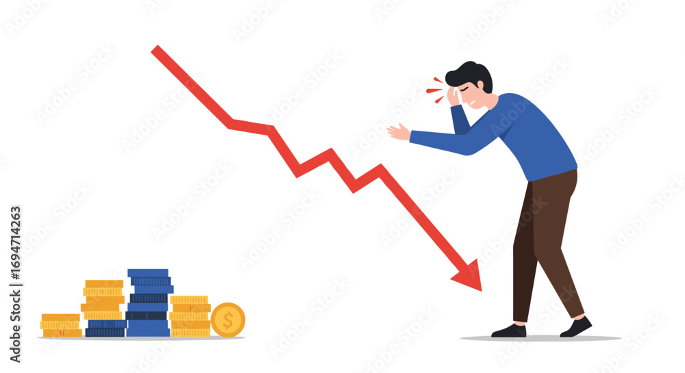 Poster man in stress facing economic downturn with falling graph and coin stack