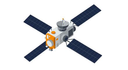 Isometric satellite with solar panels in space technology design