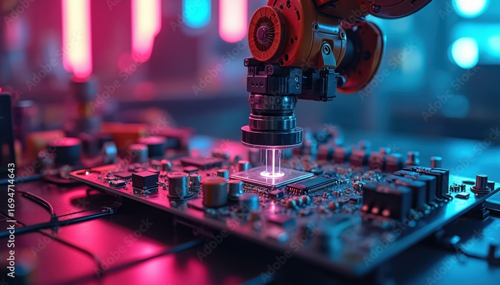 Poster futuristic workshop features robotic arm assembling electronic components under neon lights. precisi