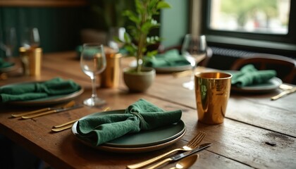 Elegant dining table setting featuring rustic wooden surface, dark green plates, gold cutlery. Deep green cloth napkins tied, placed on plates, complemented by gold tumblers. Small potted plant adds