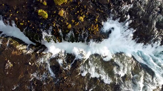 Top Down Aerial Drone View of River Rushing Into Br&uacute;arfoss Crevasse