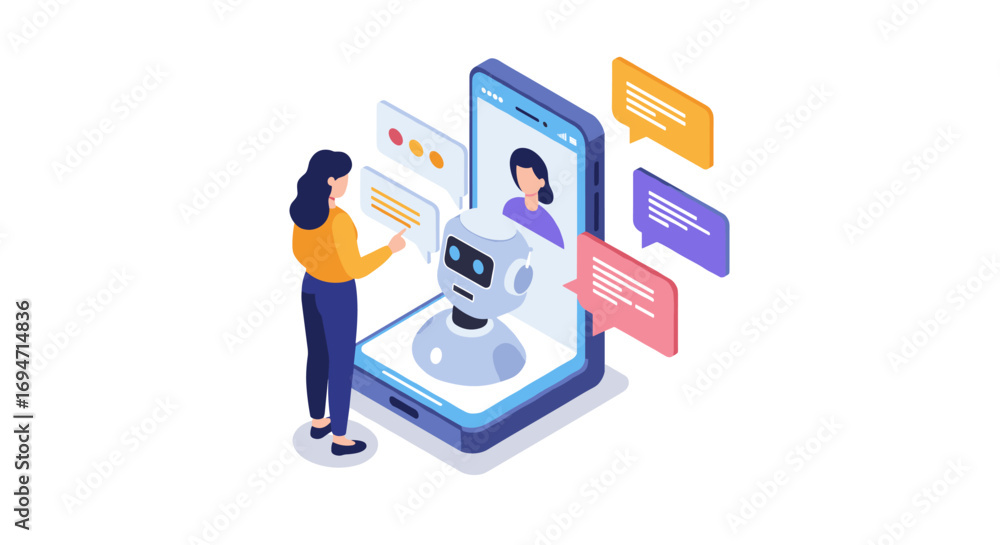 Poster isometric chatbot interaction on smartphone screen with human user and ai communication