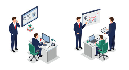 Isometric office workflow with business professionals and technology in modern setting