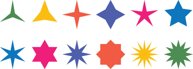 Colorful Star Shape Icon Set - Bright Multicolor Geometric Stars with Various Points for Graphic Design, Decorations, Logos, UI Elements, Holiday Themes, and Creative Projects