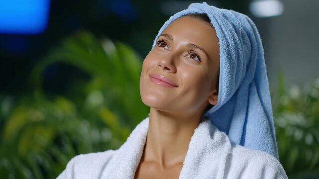 Serene Radiance: A portrait of a radiant individual, swathed in a plush towel and robe, embodies a tranquil state, exuding the epitome of relaxation and inner peace. 