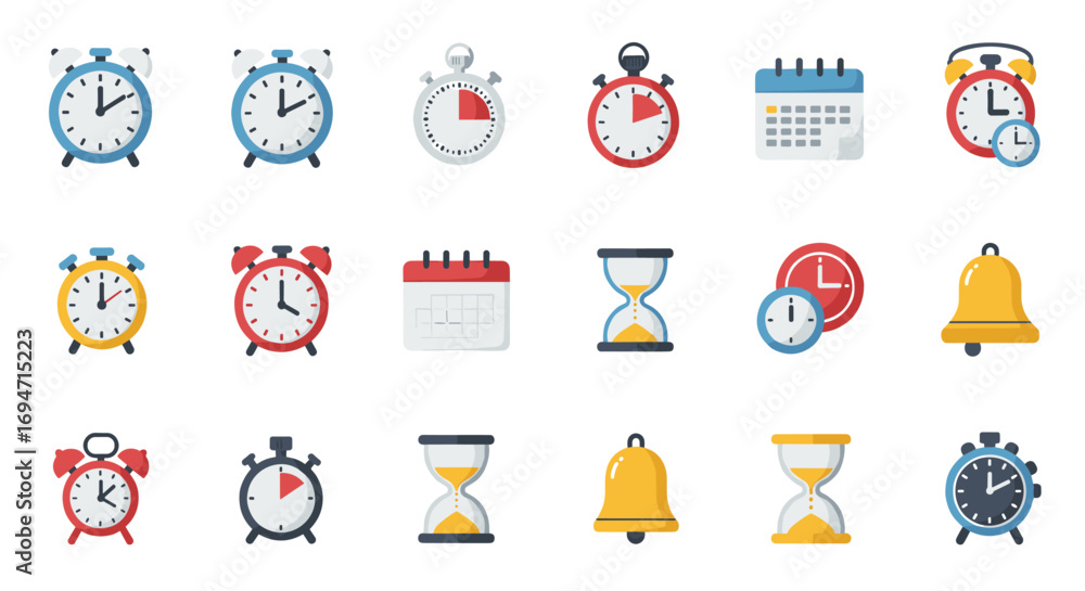 Poster colorful collection of clocks and timers with alarms and calendars in flat design style