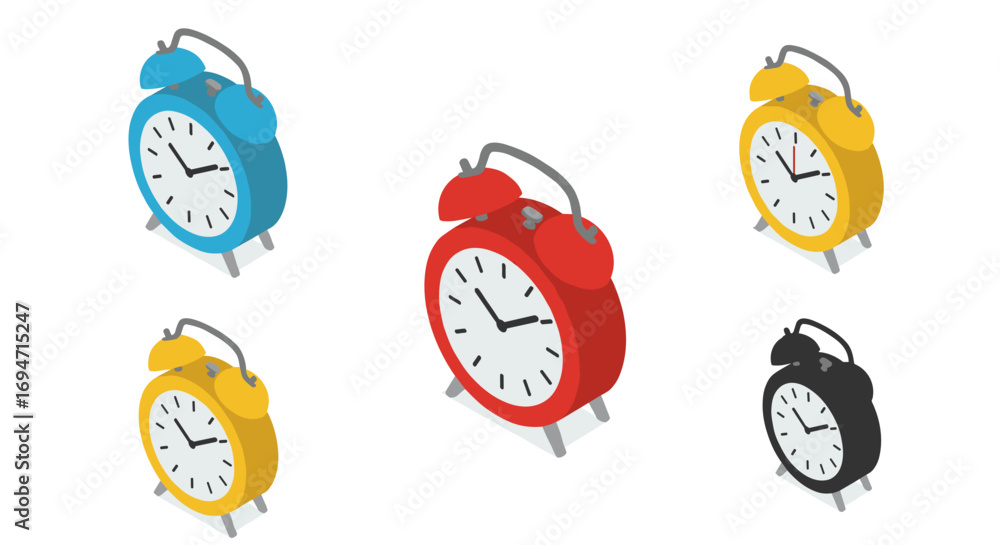 Poster isometric alarm clocks in various colors signifying time management on a white background