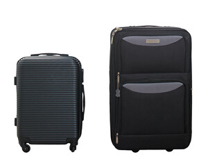 Full length black travel luggage isolated on transparent background