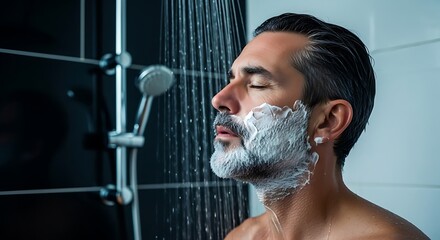 A man enjoys a refreshing shower with shaving cream on his face, creating a serene and personal moment of selfcare and rejuvenation in the bathroom