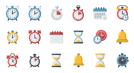 Fototapeta premium Colorful collection of clocks and timers with alarms and calendars in flat design style