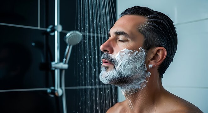 A man enjoys a refreshing shower with shaving cream on his face, creating a serene and personal moment of selfcare and rejuvenation in the bathroom