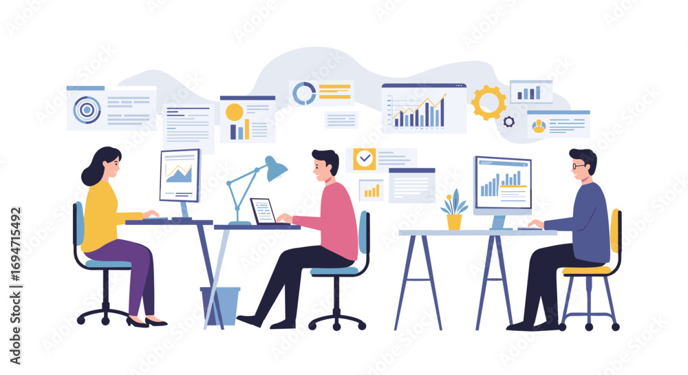 Poster office collaboration scene with modern data and charts in flat design