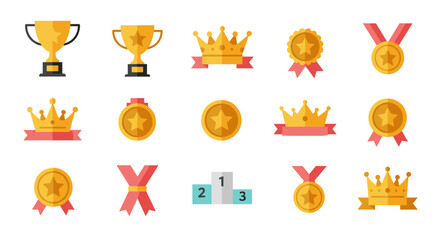 Flat colorful trophy and medal icons with crowns and ribbons for achievements and awards