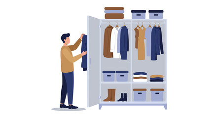 Man organizing clothes in a stylish wardrobe with modern storage solutions