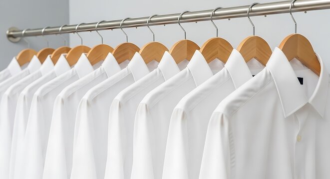 A row of pristine white shirts hangs neatly on a metal rod, each shirt identical and crisp, creating a sense of order and uniformity in the wardrobe