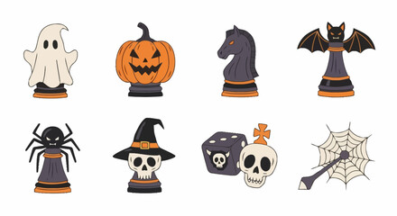 Halloween themed chess pieces and dice featuring spooky icons like ghosts, pumpkins, bats, and spiders, ideal for seasonal games and festive designs.
