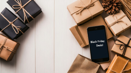 Black Friday online shopping deals with gifts flat lay