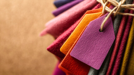 
Colorful textured price tags on twine with fabric swatches