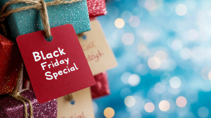 Black Friday special gift tag on glitter-wrapped presents with bokeh