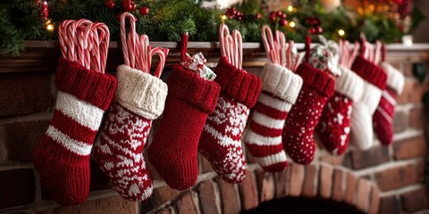 Fototapeta premium A row of red and white Christmas stockings hanging on a brick fireplace with candy canes and greenery.