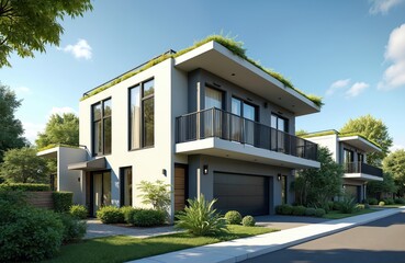 Modern sustainable residential buildings showcase minimalist design with rich green landscaping, abundant daylight. Energy-efficient homes feature flat roofs, spacious interiors, high-quality