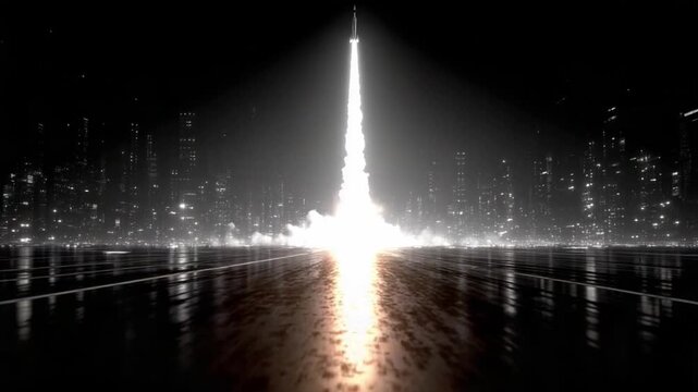 Rocket Launch at Night: A powerful rocket blasts off into the night sky, leaving a trail of light and energy behind, its ascent a symbol of innovation, aspiration, and exploration.