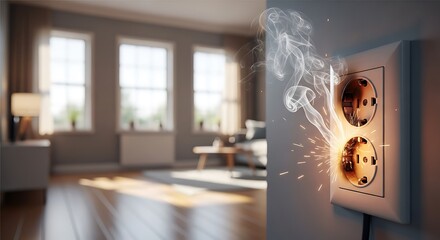 Electrical outlet sparking in a modern living room, posing a fire hazard due to faulty wiring and potential damage to the homes electrical system