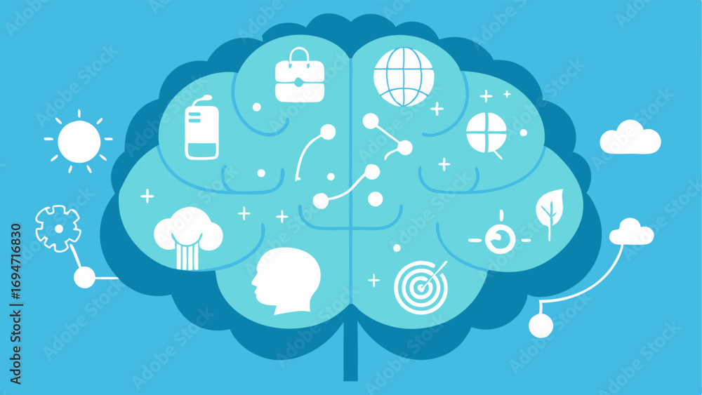 Aufkleber brain and environment interaction a brain outline filled with imagery of various environmental facto
