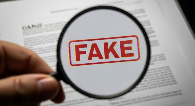 Magnifying glass focusing on the word fake stamped on a document, highlighting the concept of deception, misinformation, and the importance of verification