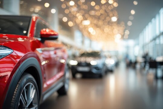 Car dealer blur background with red new car on the foreground. Cars showroom defocused backdrop. Blurred abstract dealership store, with defocused cars, staff with soft lightning. Dealership auto