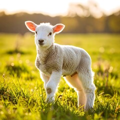 Fototapeta premium A charming young lamb stands in a sunlit meadow, its soft fleece illuminated by the golden sunlight.