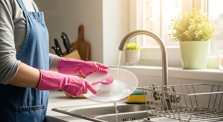 Woman in apron washing dishes in the kitchen sink with running water, wearing pink gloves, and sunlight shining through the window for a clean home