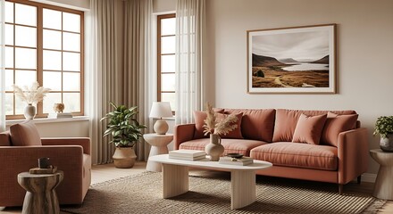 Cozy living room with terracotta sofa, woven armchair, and natural light, creating a warm and inviting space for relaxation and socializing