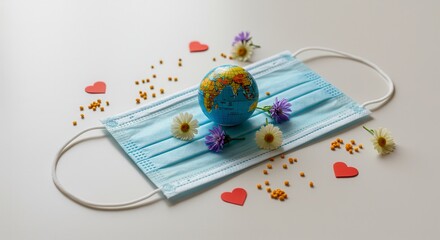 Surgical mask holding a small globe and wildflowers, symbolic public health and environmental care concept with copy space for CSR, nonprofit campaigns, and awareness initiatives.