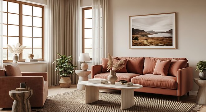 Cozy living room with terracotta sofa, woven armchair, and natural light, creating a warm and inviting space for relaxation and socializing