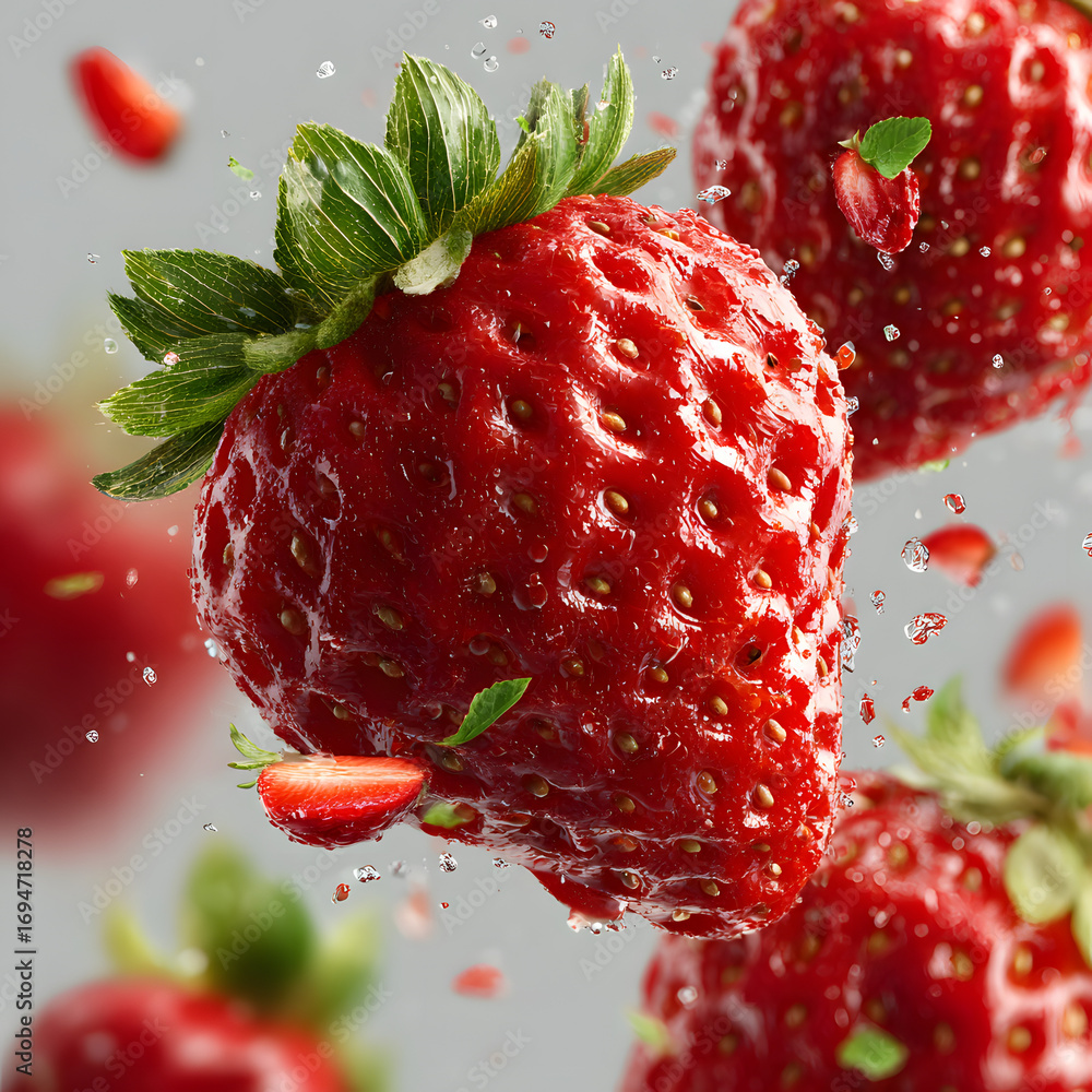 Poster flying strawberrys isolated on transparent backgroun