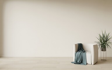 Fototapeta premium Minimalist interior with armchair and plant blanket stand