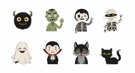 Fototapeta premium Cute Halloween Cartoon Characters Illustration Set for Festive Decorations and Party Invitations, suitable for children's books, posters, and holiday themed designs