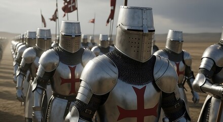 Naklejka premium A formidable line of crusader knight in shining armor, marching with unwavering resolve across a vast landscape, embodying the spirit of medieval warfare