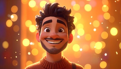 Animated man with a warm, happy expression against a bokeh background