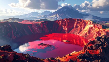 Fototapeta premium A breathtaking vista of a vibrant, red crater lake nestled within a dramatic volcanic landscape, showcasing a striking interplay of vibrant colors and rugged terrain.