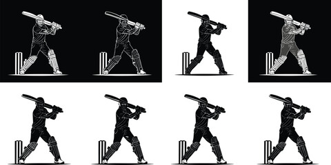 Cricket Batsman Illustrations in Eight Artistic Styles with Stumps and Raised Bat on White and Black Backgrounds for Design Content