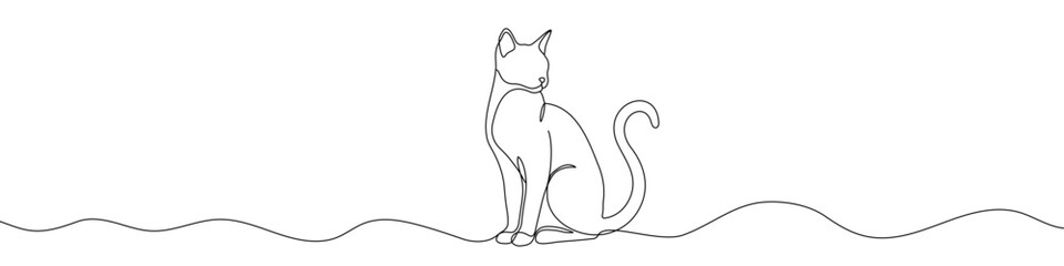 Cat sitting in one line art style. Cat drawing with editable black stroke on white background. Vector illustration.