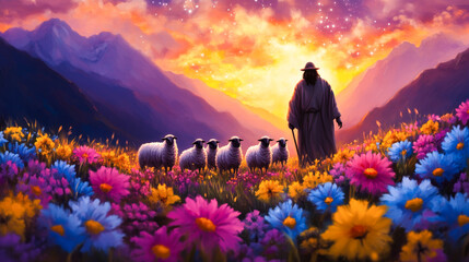 The Good Shepherd Jesus with his flock in a flower meadow.