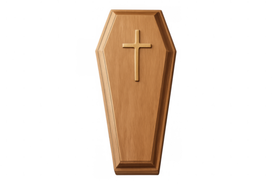 Wooden coffin with golden cross on transparent background