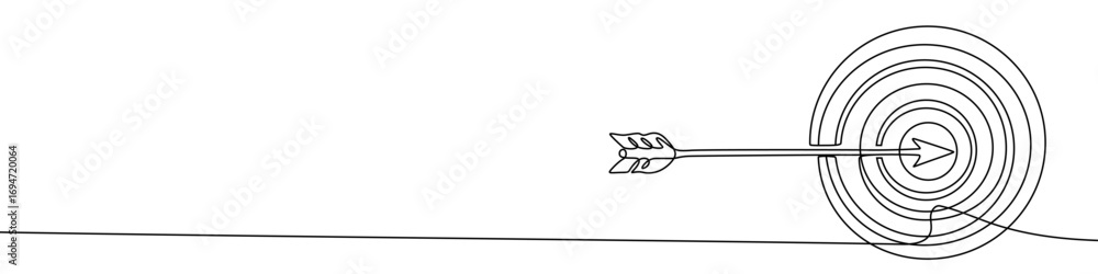 Poster arrow hitting target in one line art style. drawing of arrow and target with editable black stroke o