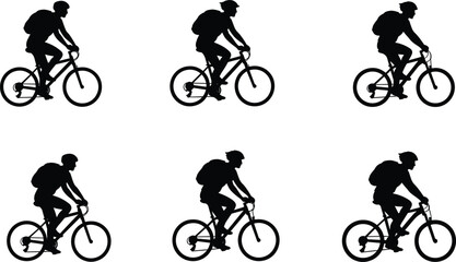 Cyclist Silhouettes in Repetitive Riding Pose with Helmet and Backpack on White Background for Sports, Animation, and Design Content