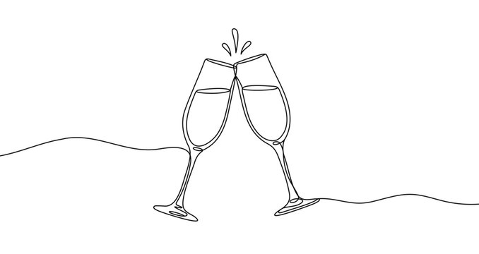 Two clinking champagne glasses in one line art style. Drawing with editable black stroke on white background. Vector illustration.