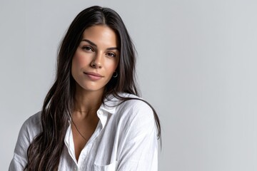 Fototapeta premium An evocative, professional headshot of a beautiful, confident woman. She's looking at the camera with a calm, inviting gaze against a clean, simple background.