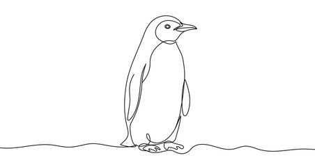 Penguin in one line art style. Drawing of penguin with editable black stroke on white background. Vector illustration.